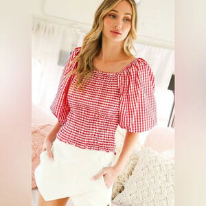 VINE & LOVE Red & White Gingham Milkmaid / Picnic / Puff Sleeves Top - Small